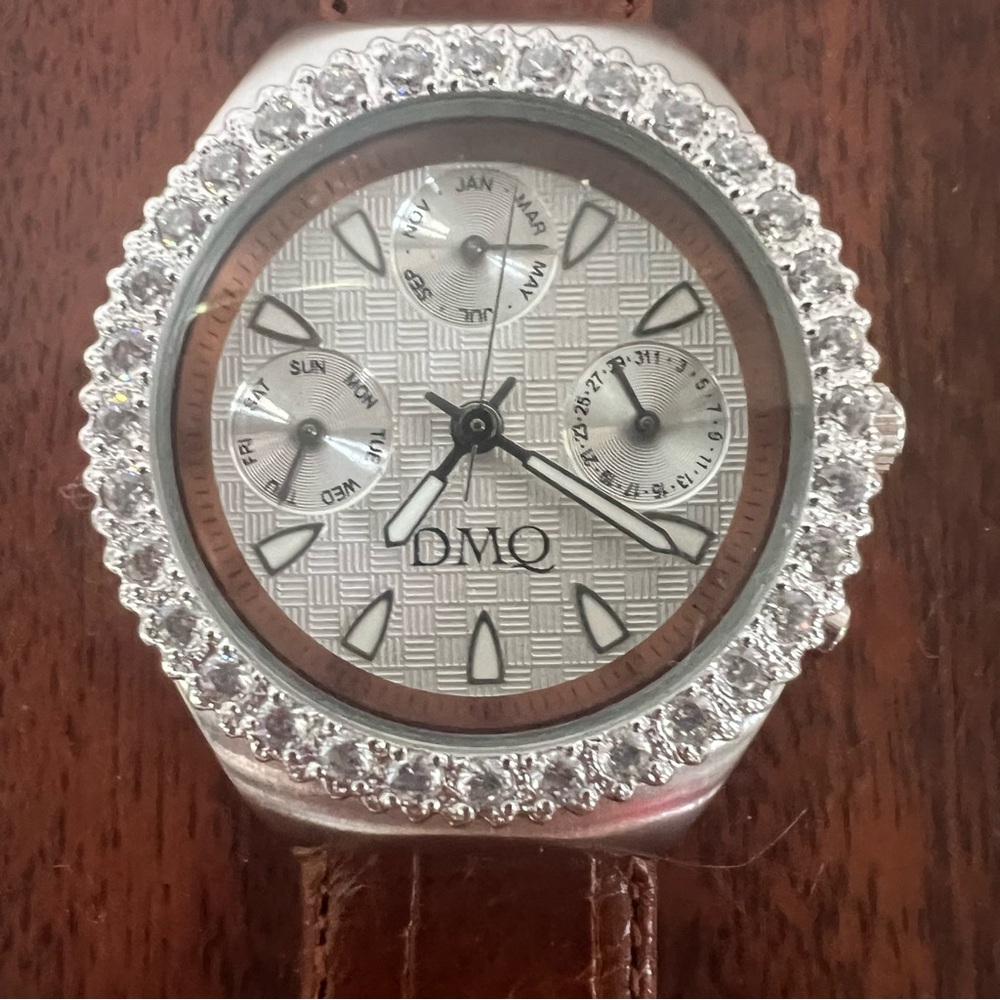 DMQ Diamonique Watch Brown Leather strap Silver Tone Jeweled QVC - Picture 2 of 14